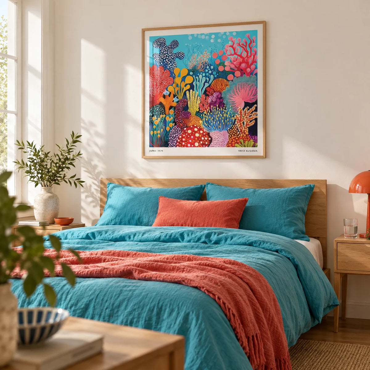 Under Sea Poster, framed on the wall of a bright bedroom with a warm white wall