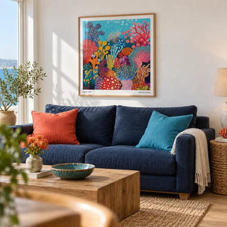 Under Sea Poster, framed on the wall of a bright coastal living room with a white wall and a light oak floor