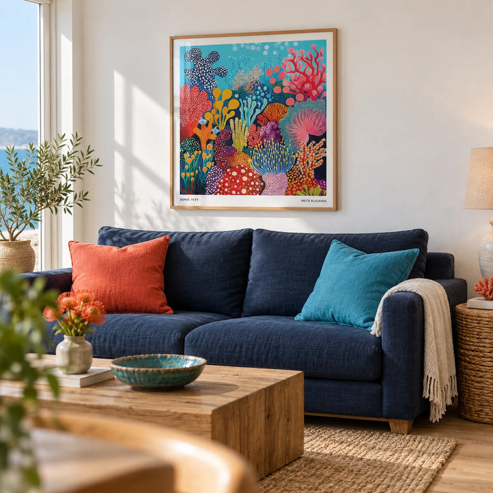 Under Sea Poster, framed on the wall of a bright coastal living room with a white wall and a light oak floor