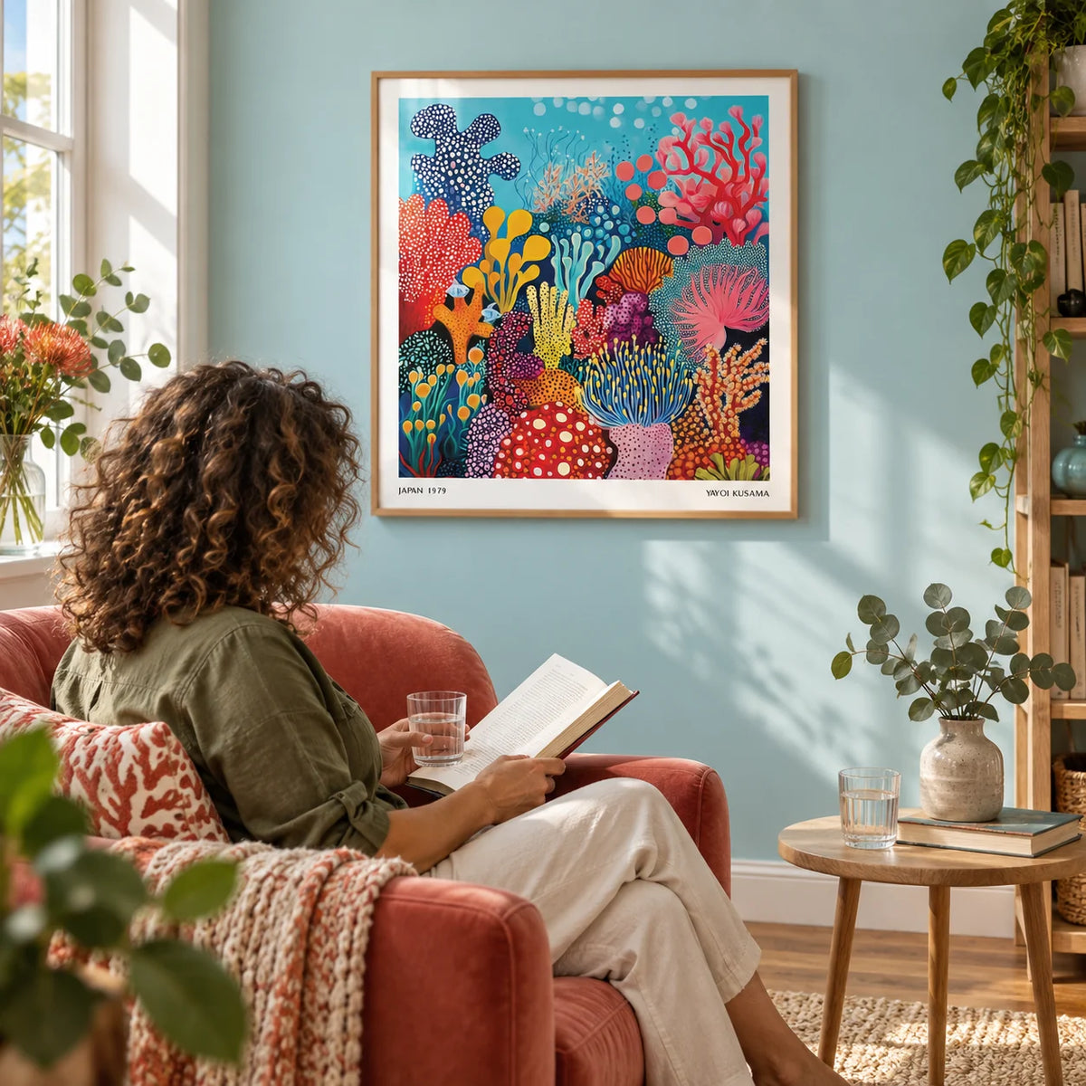 Under Sea Poster, framed on the wall of a bright reading corner with a pale aqua wall in a living room