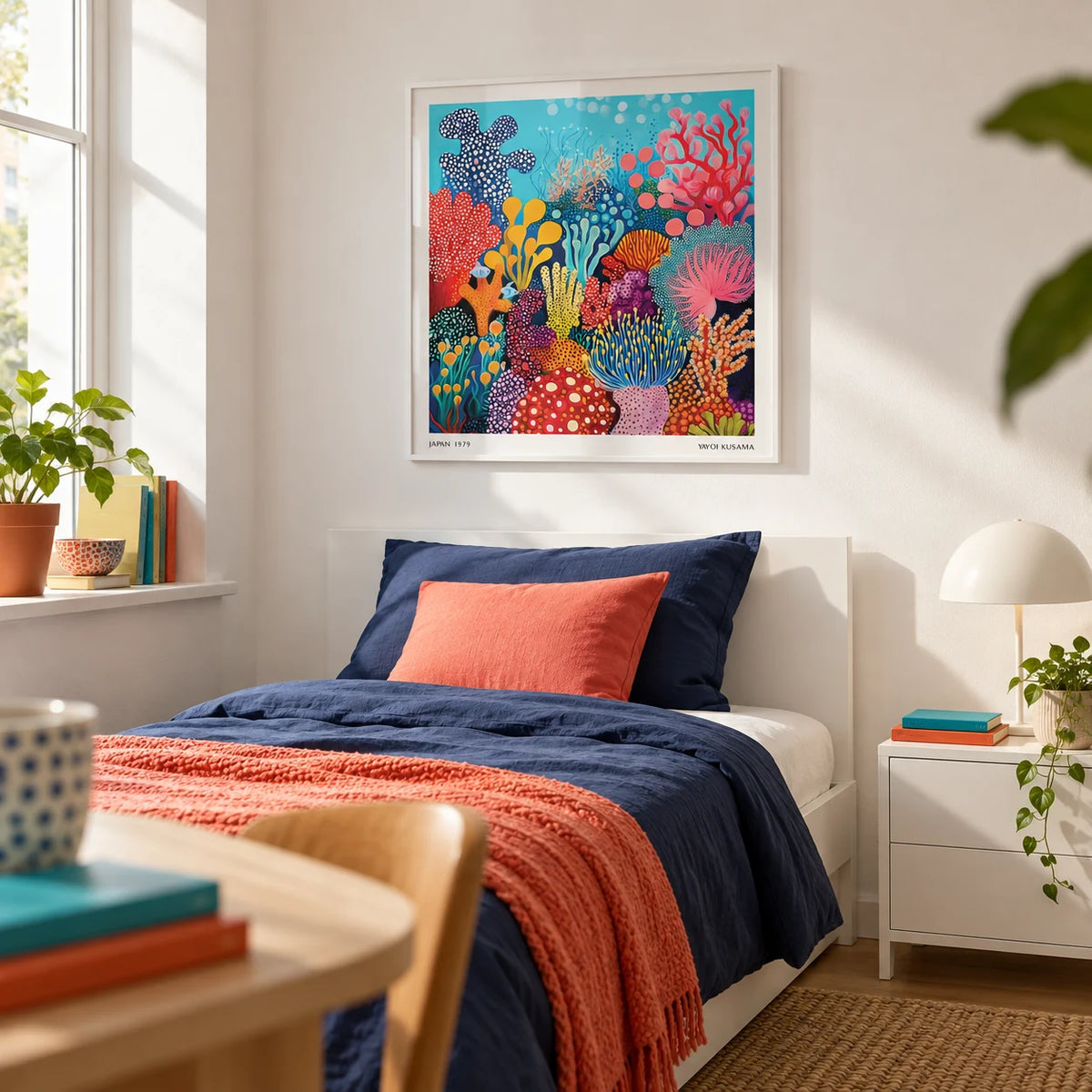 Under Sea Poster, framed on the wall of a bright single bedroom for a young adult (18-25) with a white wall