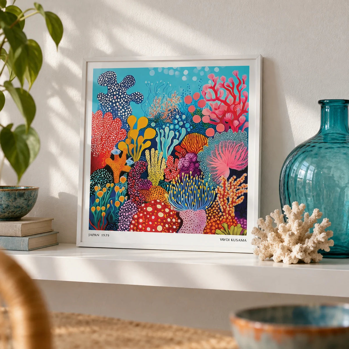 Under Sea Poster, a small A4 framed print leaning on a white shelf in a living room