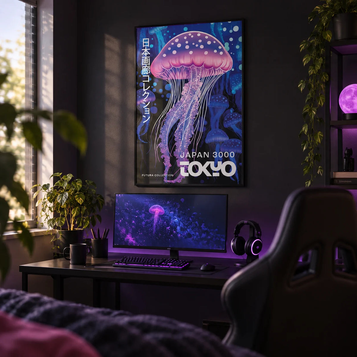 Under The Sea Decor, framed on the wall of a bedroom gaming desk setup with a dark wall