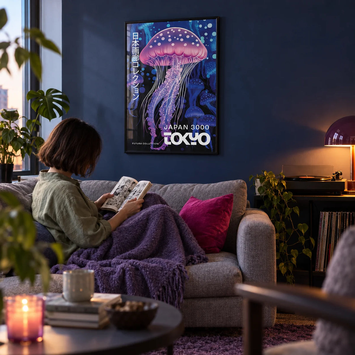 Under The Sea Decor, framed on the wall of a first-flat living room (22-28) with a dark navy wall