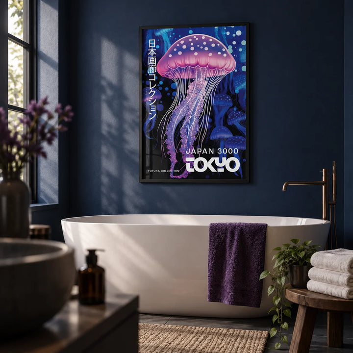 Under The Sea Decor, framed on the wall of a moody modern bathroom with dark navy walls