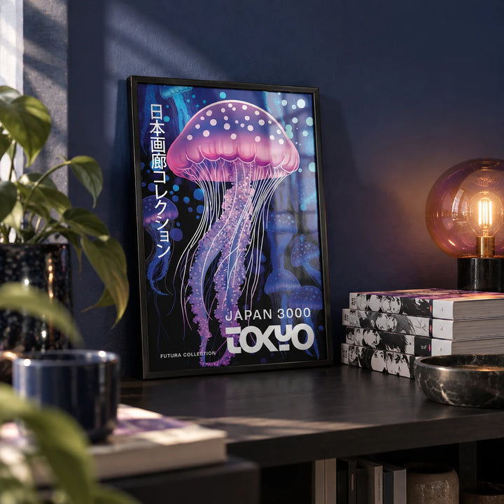 Under The Sea Decor, a small A4 framed print leaning on a black shelf in a living room