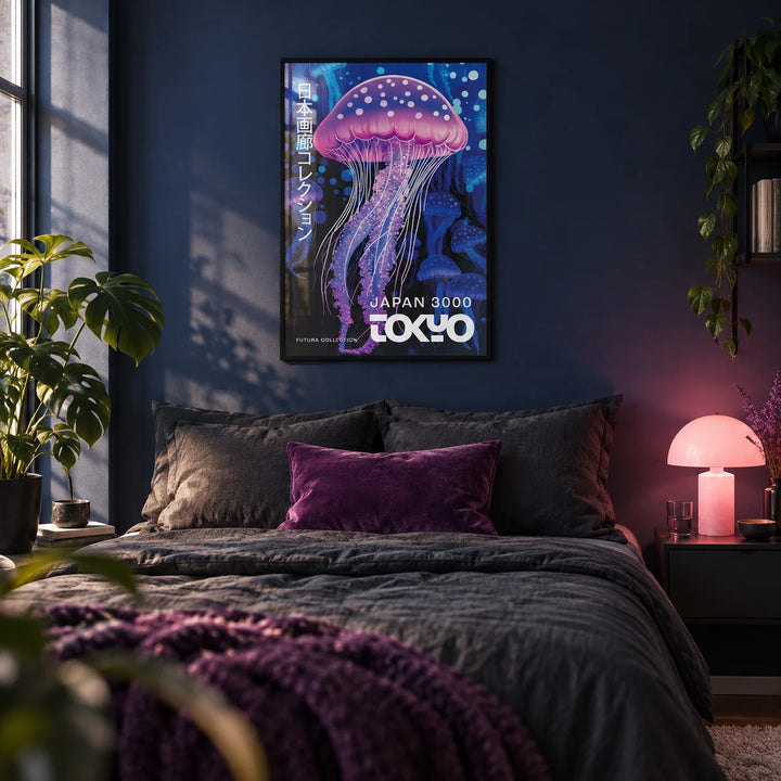 Under The Sea Decor, framed on the wall of a stylish young adult's bedroom (20-28) with a deep navy painted wall