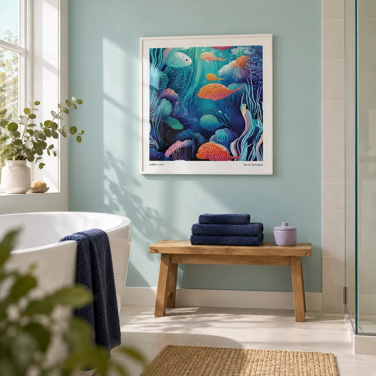 Underwater Artwork, framed on the wall of a bright contemporary bathroom in a renovated UK home with a pale aqua painted wall and plain off-white tiles