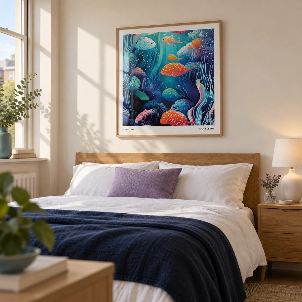 Underwater Artwork, framed on the wall of a calm contemporary bedroom in a UK flat with a warm white wall and oak furniture