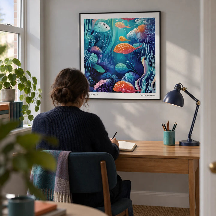 Underwater Artwork, framed on the wall of a compact study in a design-conscious UK flat with a pale grey wall