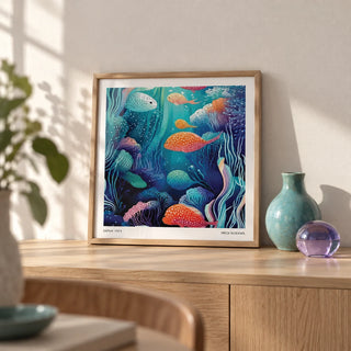 Underwater Artwork, a small A4 framed print leaning on a pale oak sideboard in a living room