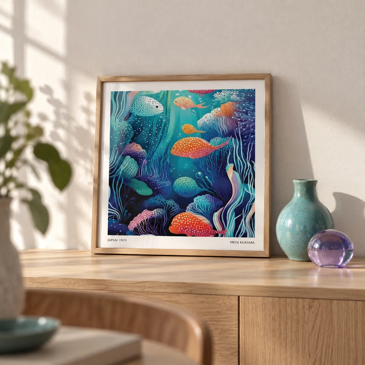 Underwater Artwork, a small A4 framed print leaning on a pale oak sideboard in a living room