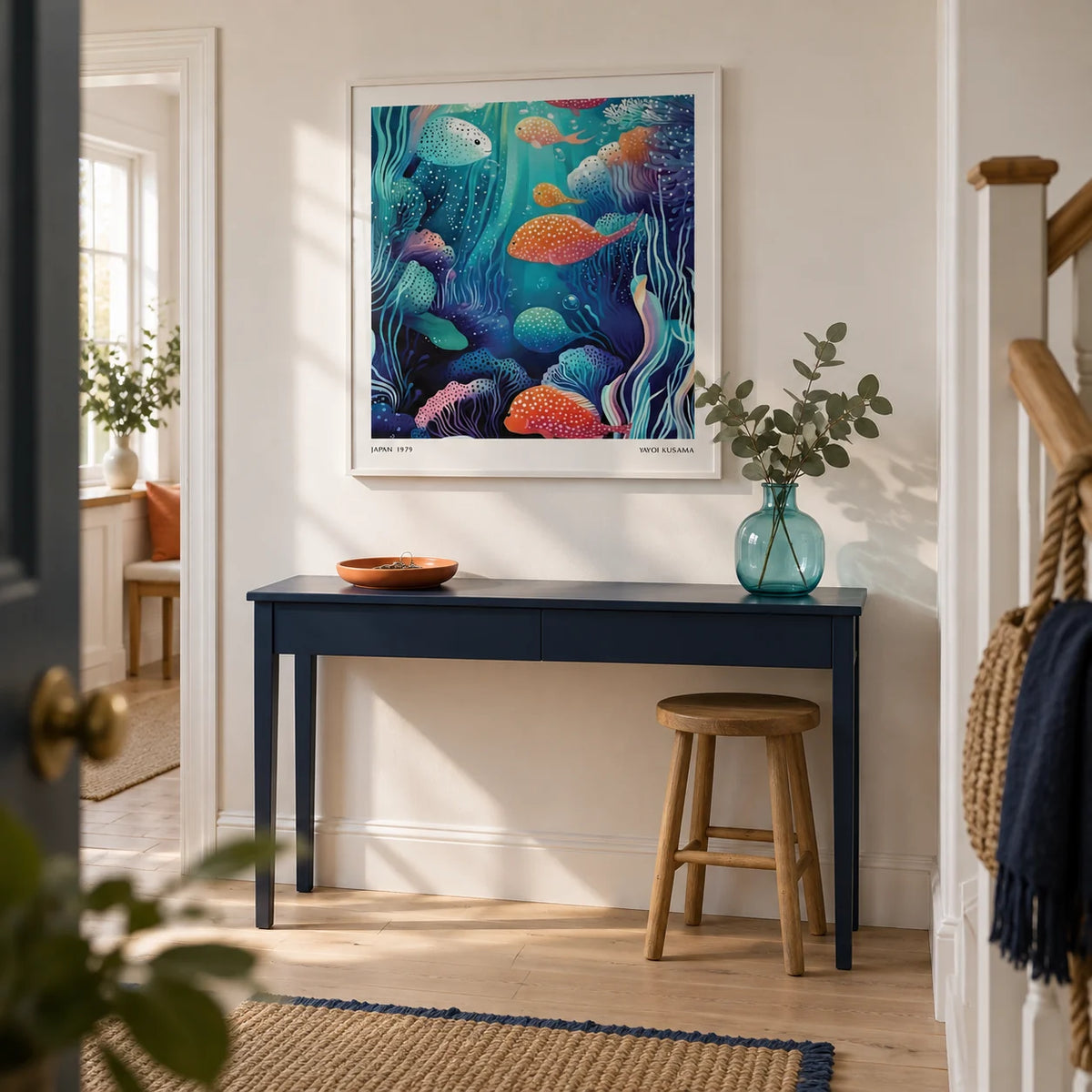 Underwater Artwork, framed on the wall of a welcoming hallway in a UK terraced house with chalk-white walls and pale timber flooring