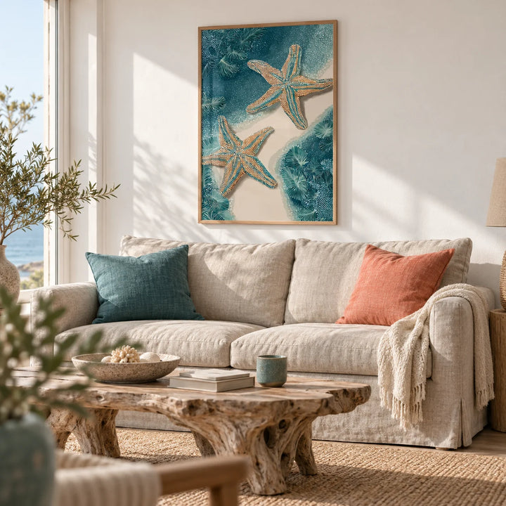 Underwater Starfish Print, framed on the wall of a calm coastal living room with a white wall and a pale oak floor