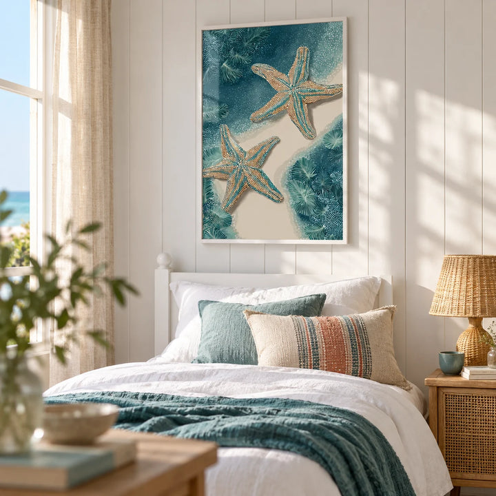 Underwater Starfish Print, framed on the wall of a fresh seaside guest room with a white panelled wall in a bedroom