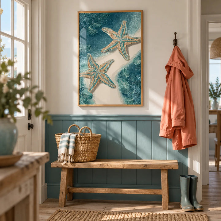 Underwater Starfish Print, framed on the wall of a seaside cottage hallway with a teal painted lower wall