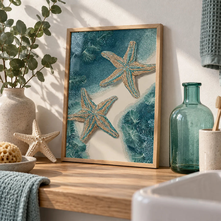 Underwater Starfish Print, a small A4 framed print leaning on a bathroom oak shelf