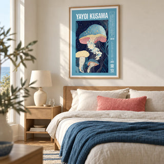 Unique Art Prints, framed on the wall of a calm contemporary coastal bedroom with a cream wall and oak floor