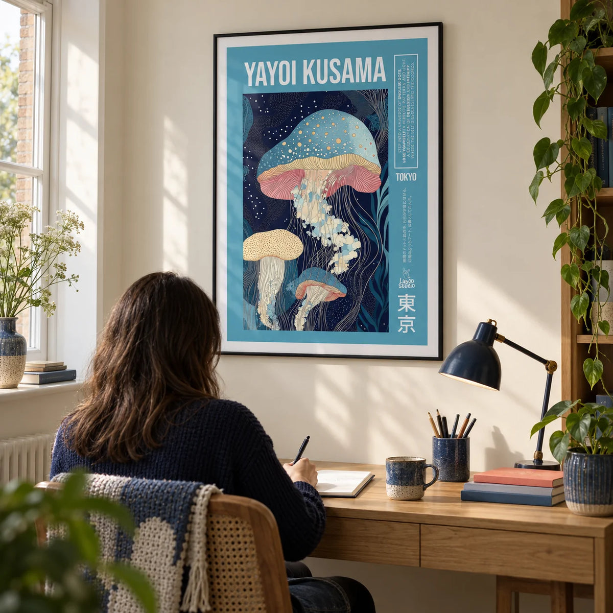 Unique Art Prints, framed on the wall of a compact design-led study in a UK flat with a pale cream wall