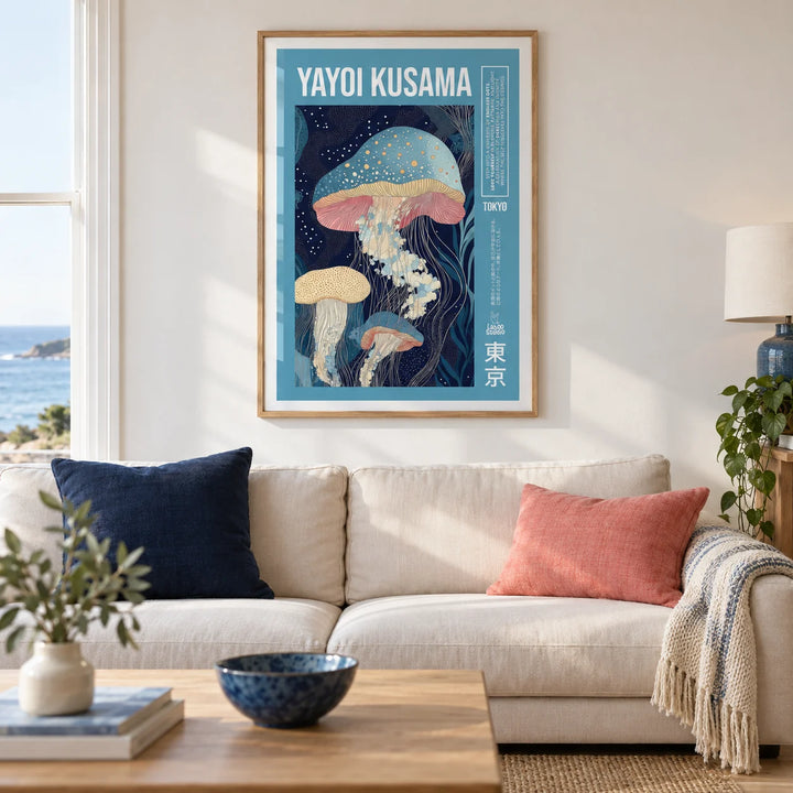 Unique Art Prints, framed on the wall of a contemporary living room in a UK seaside flat with a warm white wall and pale oak floor