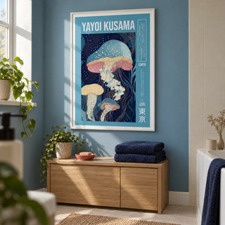 Unique Art Prints, framed on the wall of a modern bathroom in a renovated UK terrace with a muted blue painted wall and plain cream tiles