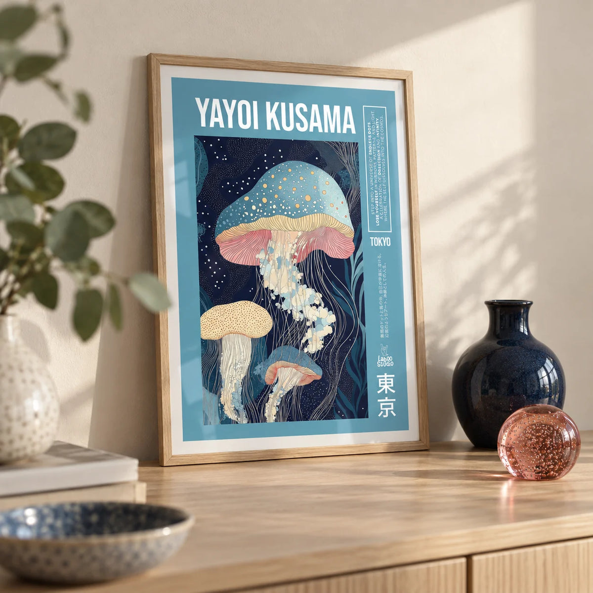 Unique Art Prints, a small A4 framed print leaning on a pale oak sideboard in a living room