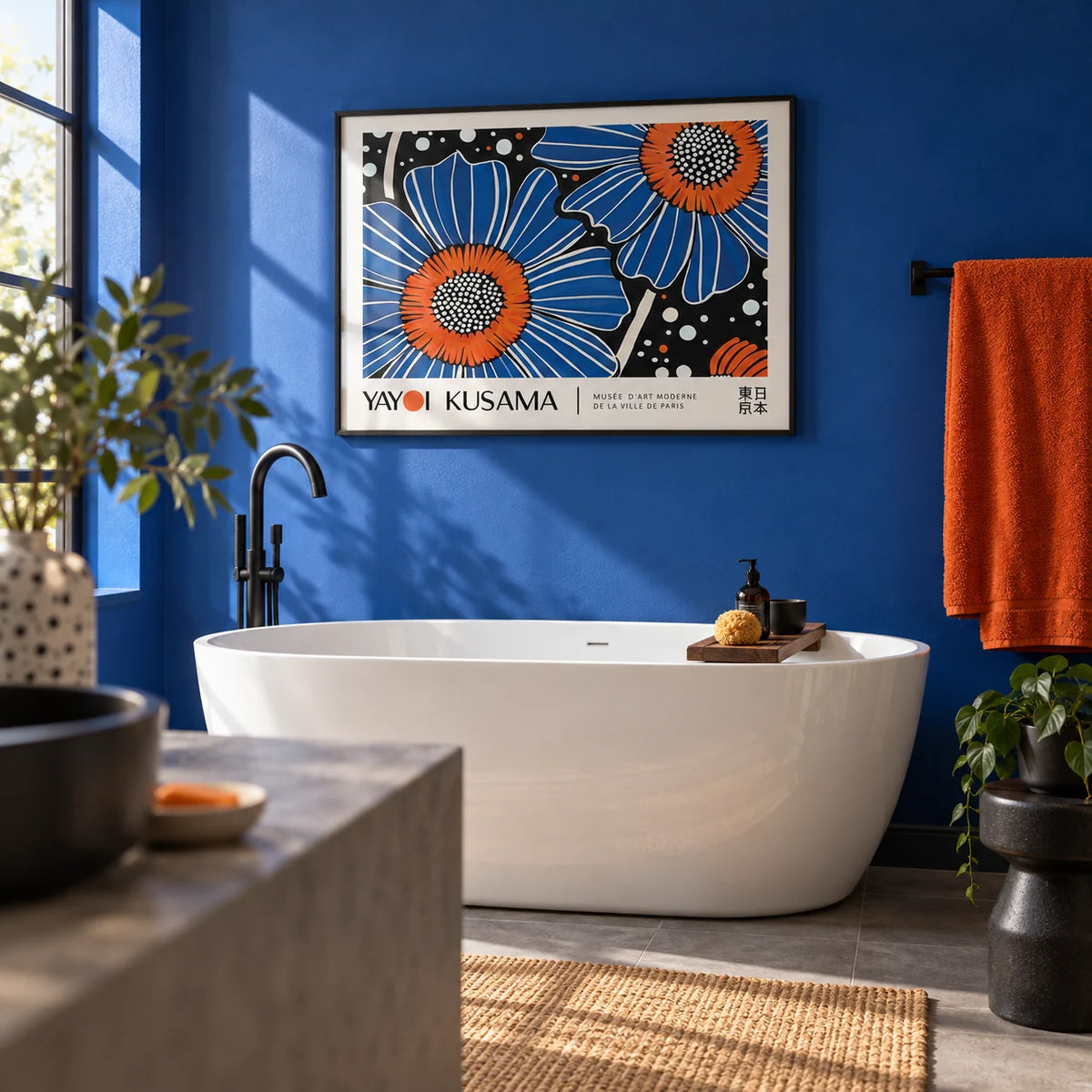 Unique Flower Art, framed on the wall of a bold modern bathroom with a cobalt blue painted wall