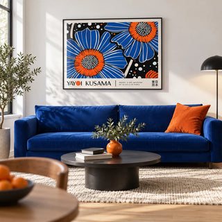 Unique Flower Art, framed on the wall of a bold modern living room with a crisp white wall and a pale oak floor