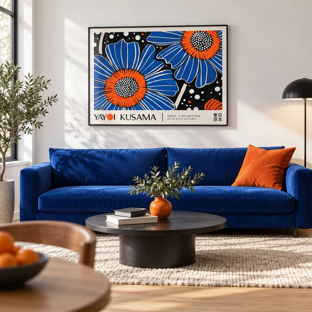 Unique Flower Art, framed on the wall of a bold modern living room with a crisp white wall and a pale oak floor