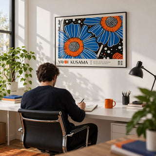 Unique Flower Art, framed on the wall of a bright modern home office with a white wall