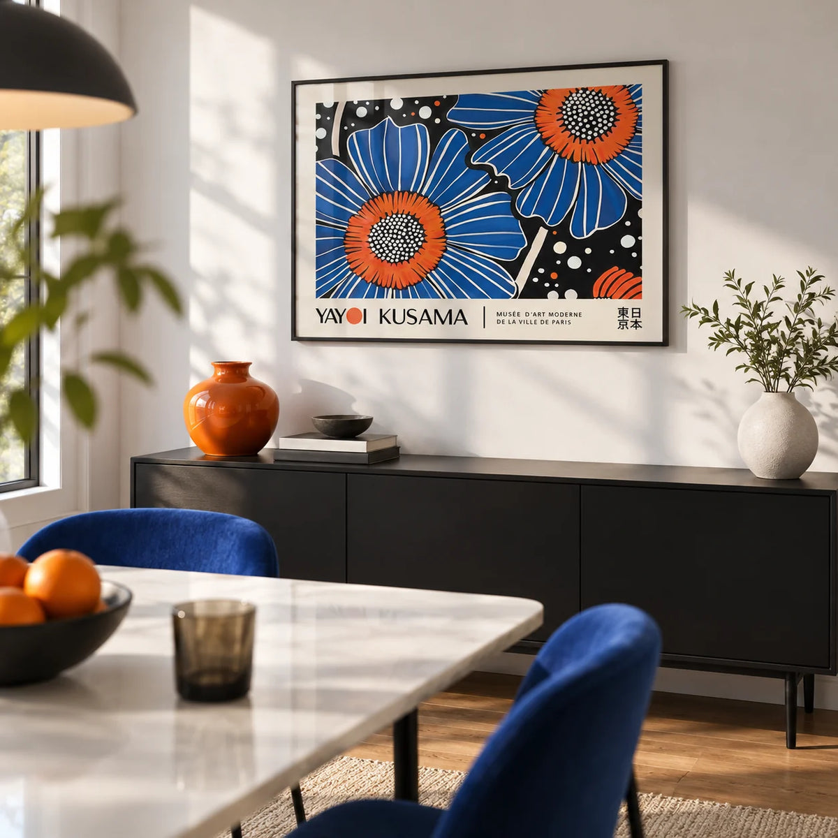 Unique Flower Art, framed on the wall of a modern dining room with a white wall