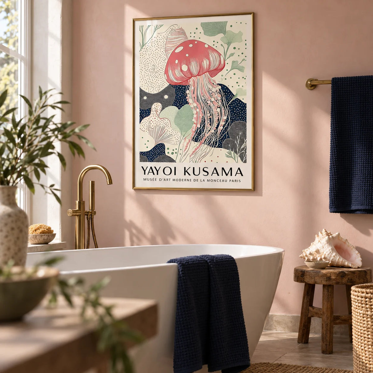 Unique Large Wall Art, framed on the wall of a calm bathroom with a blush pink painted wall and a white freestanding bath