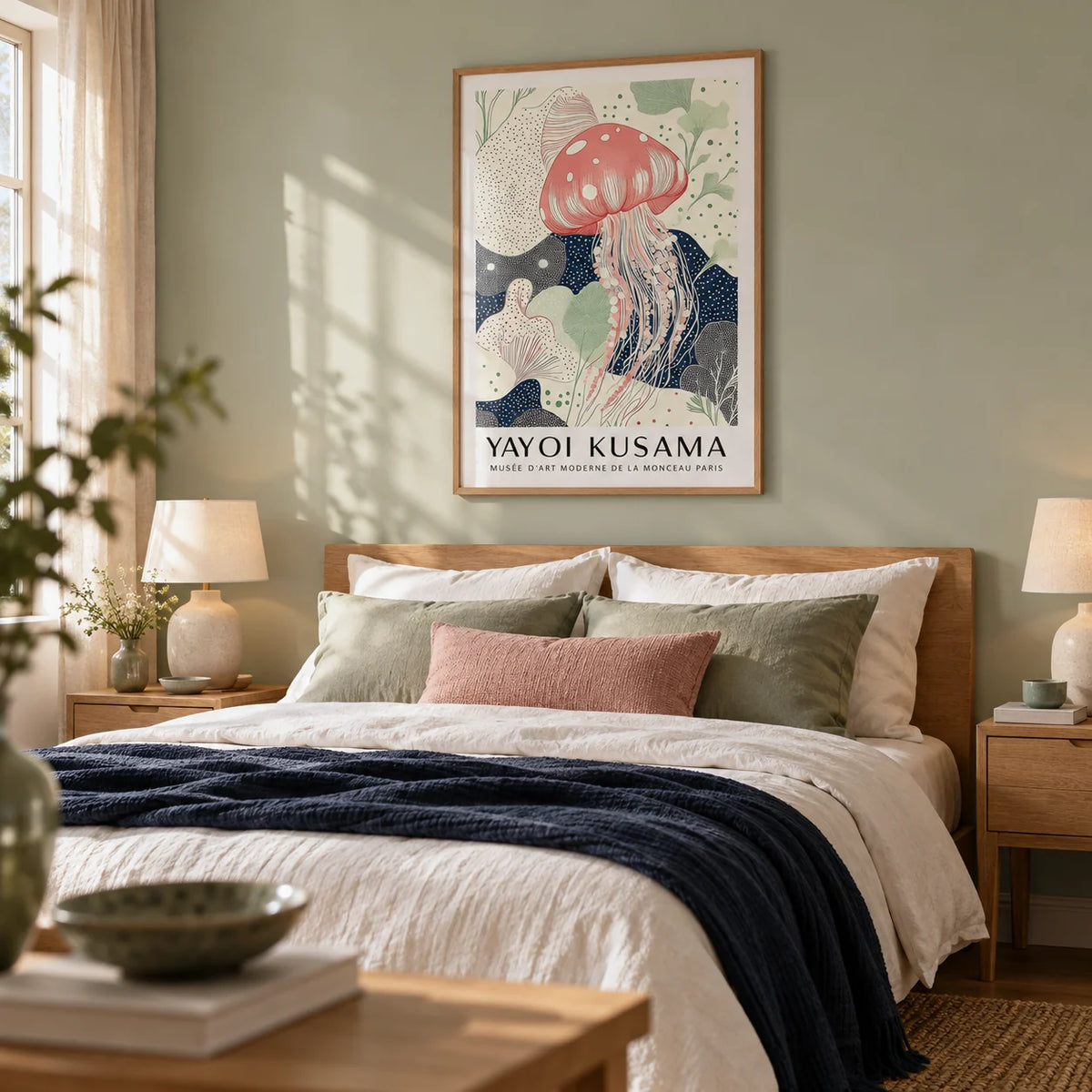 Unique Large Wall Art, framed on the wall of a calm bedroom with a pale sage wall
