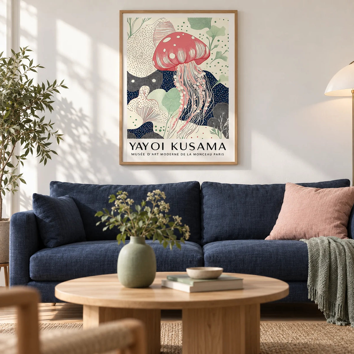 Unique Large Wall Art, framed on the wall of a calm modern living room with a soft white wall and a light oak floor