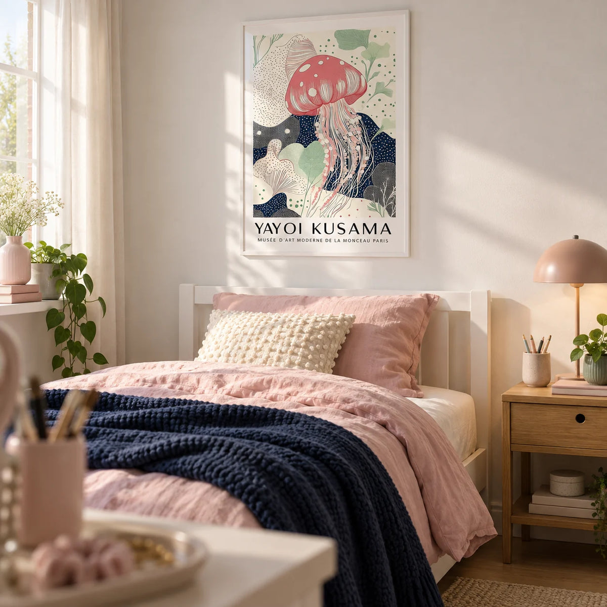 Unique Large Wall Art, framed on the wall of a calm single bedroom for a teen girl (13-17) with a soft white wall