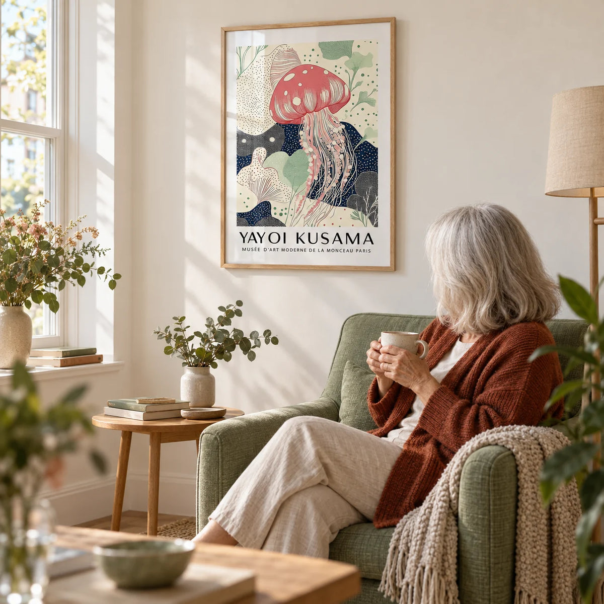 Unique Large Wall Art, framed on the wall of a quiet reading corner with a warm white wall in a living room