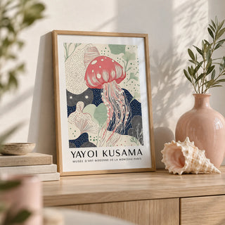 Unique Large Wall Art, a small A4 framed print leaning on a pale oak shelf in a living room