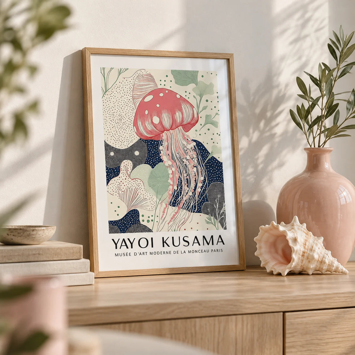 Unique Large Wall Art, a small A4 framed print leaning on a pale oak shelf in a living room