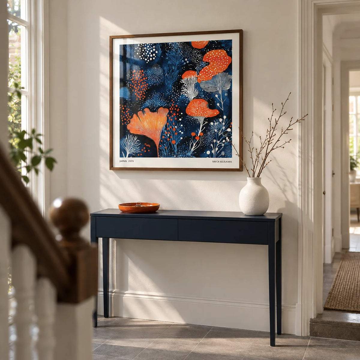 Unique Living Room Wall Art, framed on the wall of a bright hallway in a renovated UK terrace with off-white walls and a plain grey stone floor