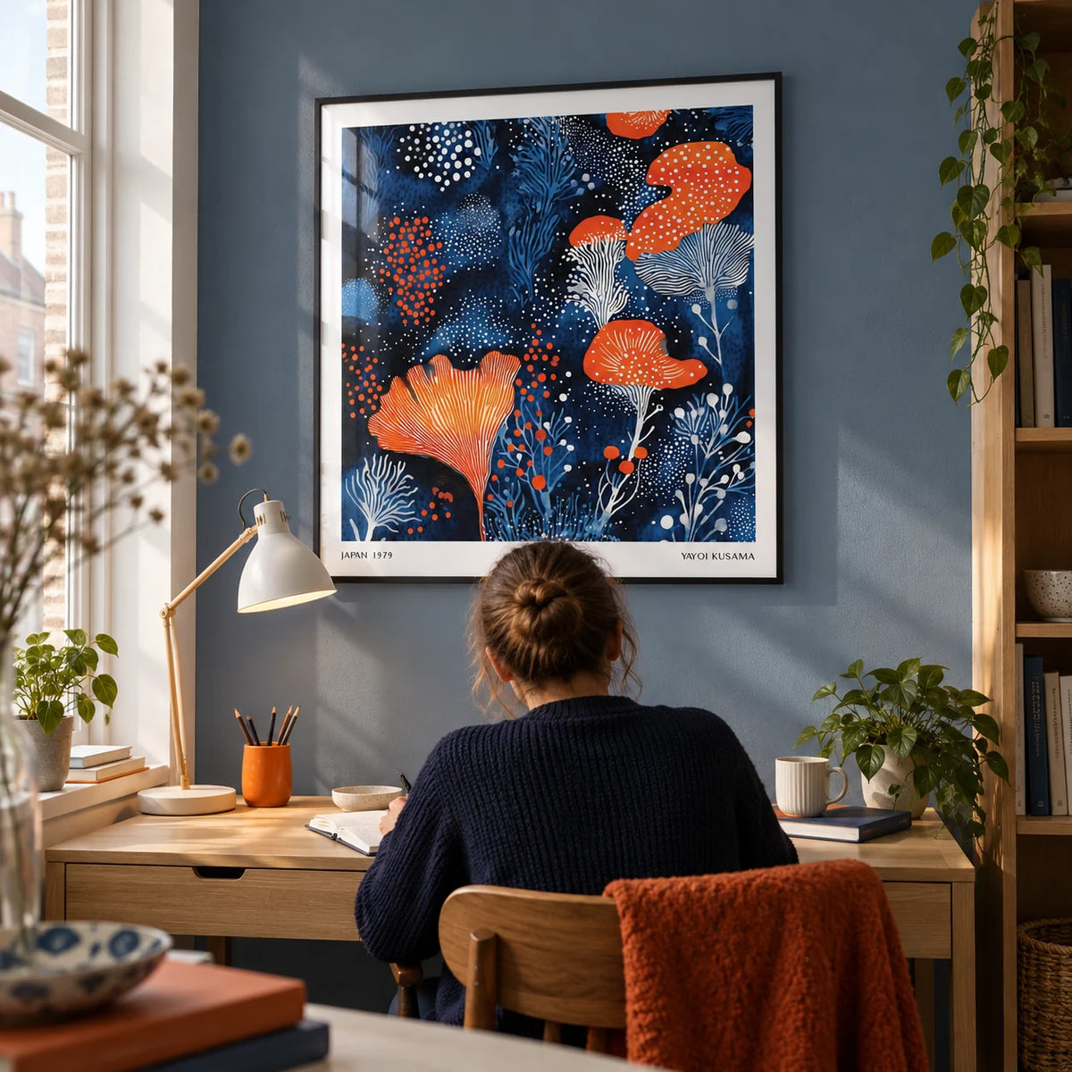 Unique Living Room Wall Art, framed on the wall of a compact home study in a UK flat with a muted blue wall and a pale oak desk