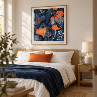 Unique Living Room Wall Art, framed on the wall of a contemporary bedroom with a warm white wall and pale oak flooring