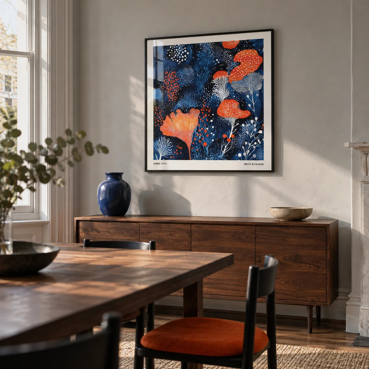 Unique Living Room Wall Art, framed on the wall of a design-led dining room in a Victorian terrace with pale grey plaster walls and a walnut dining table