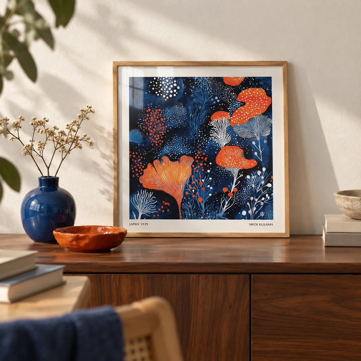 Unique Living Room Wall Art, a small A4 framed print leaning on a walnut sideboard