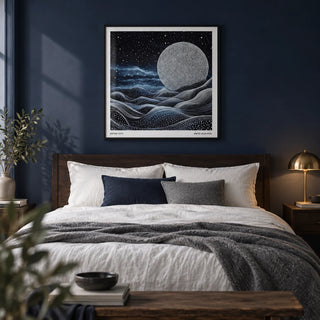 Unique Wall Art for Bedroom, framed on the wall of a calm bedroom with a deep navy painted wall