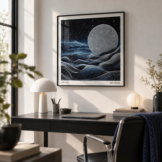 Unique Wall Art for Bedroom, framed on the wall of a calm home office with a white wall