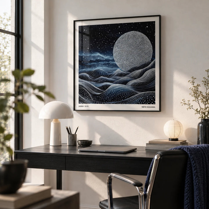 Unique Wall Art for Bedroom, framed on the wall of a calm home office with a white wall