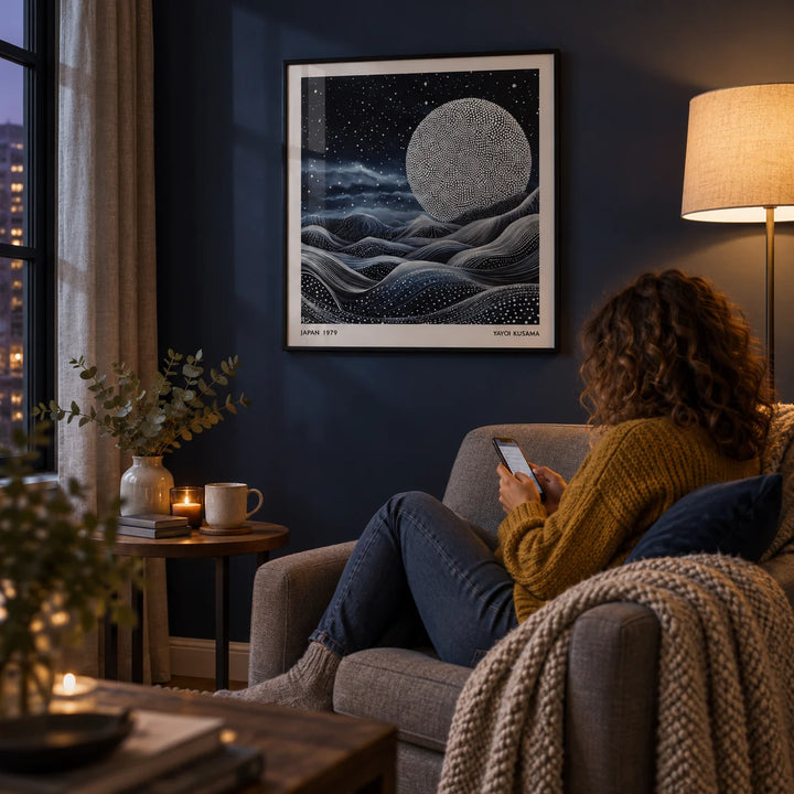 Unique Wall Art for Bedroom, framed on the wall of a cosy reading corner at night with a navy wall in a living room
