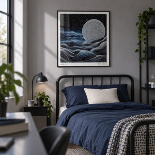 Unique Wall Art for Bedroom, framed on the wall of a modern teen bedroom (13-17) with a soft grey wall