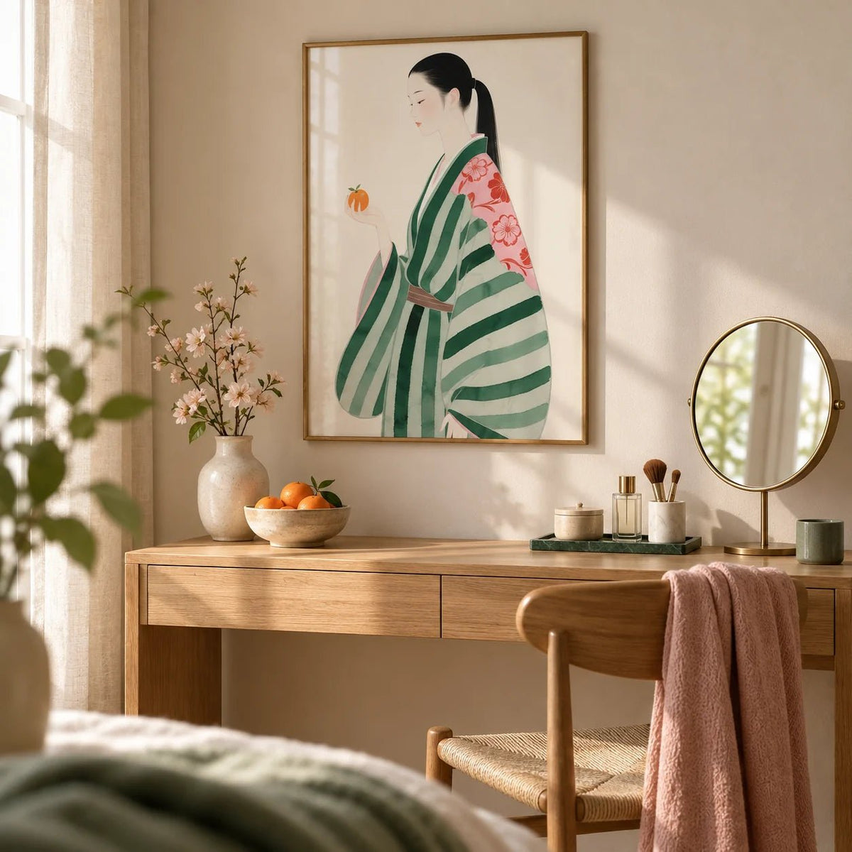 Unique Wall Art for Living Room, framed on the wall of a calm dressing corner