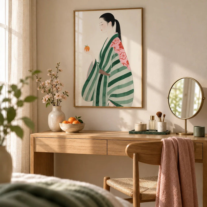 Unique Wall Art for Living Room, framed on the wall of a calm dressing corner